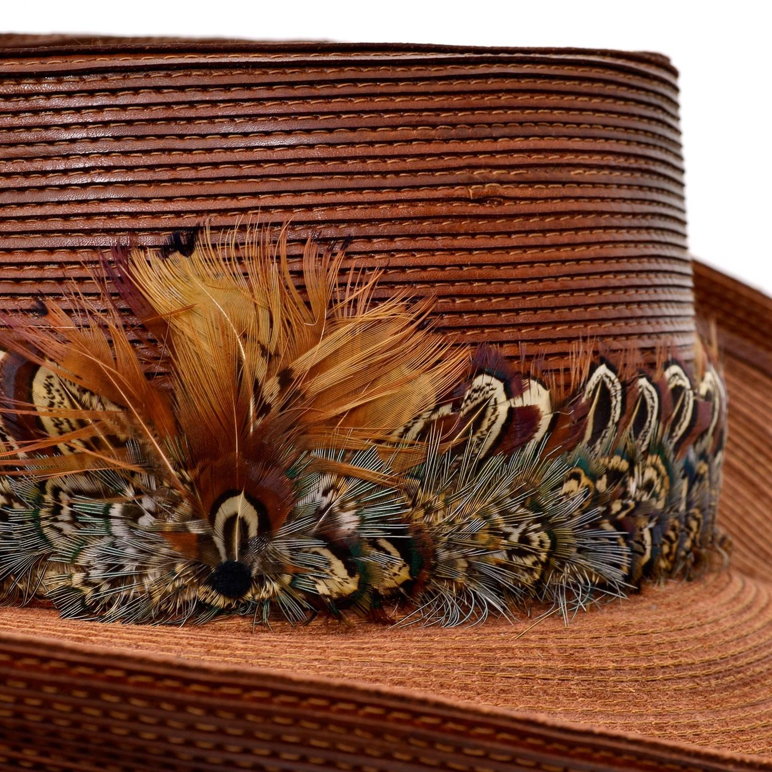 Patricia Underwood Vintage Hat in Brown Leather with Feather Trim 1