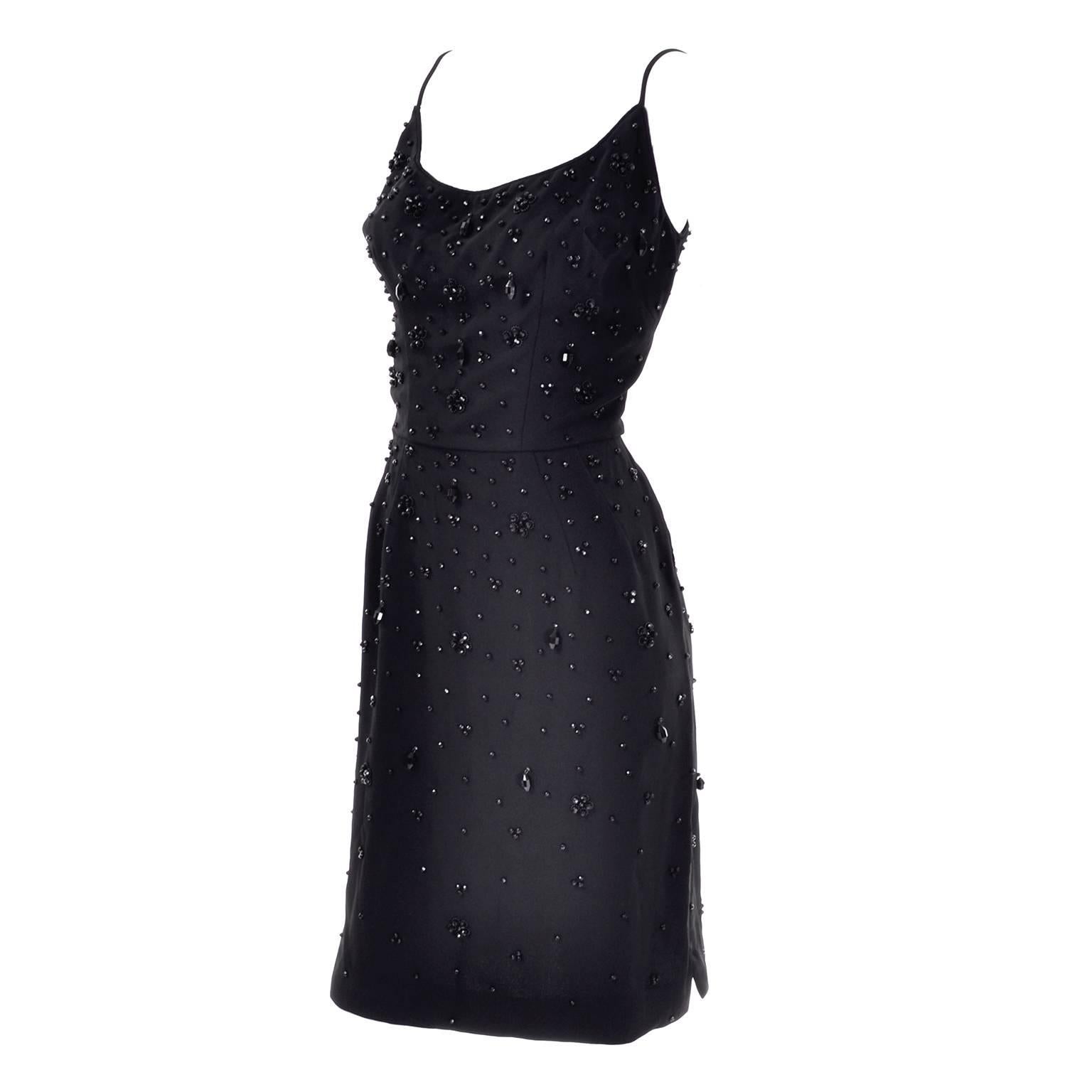 Vintage 1960s Black Crepe Little Black Dress With Black Faceted Beads 8/10  For Sale at 1stDibs