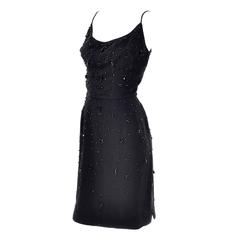 Vintage 1960s Black Crepe Little Black Dress With Black Faceted Beads 8/10