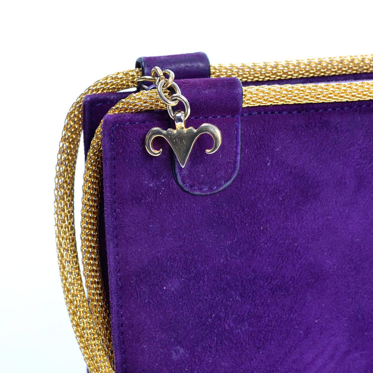 Walter Steiger Vintage Purple Suede Handbag Evening Bag W Gold Shoulder Straps In Excellent Condition In Portland, OR