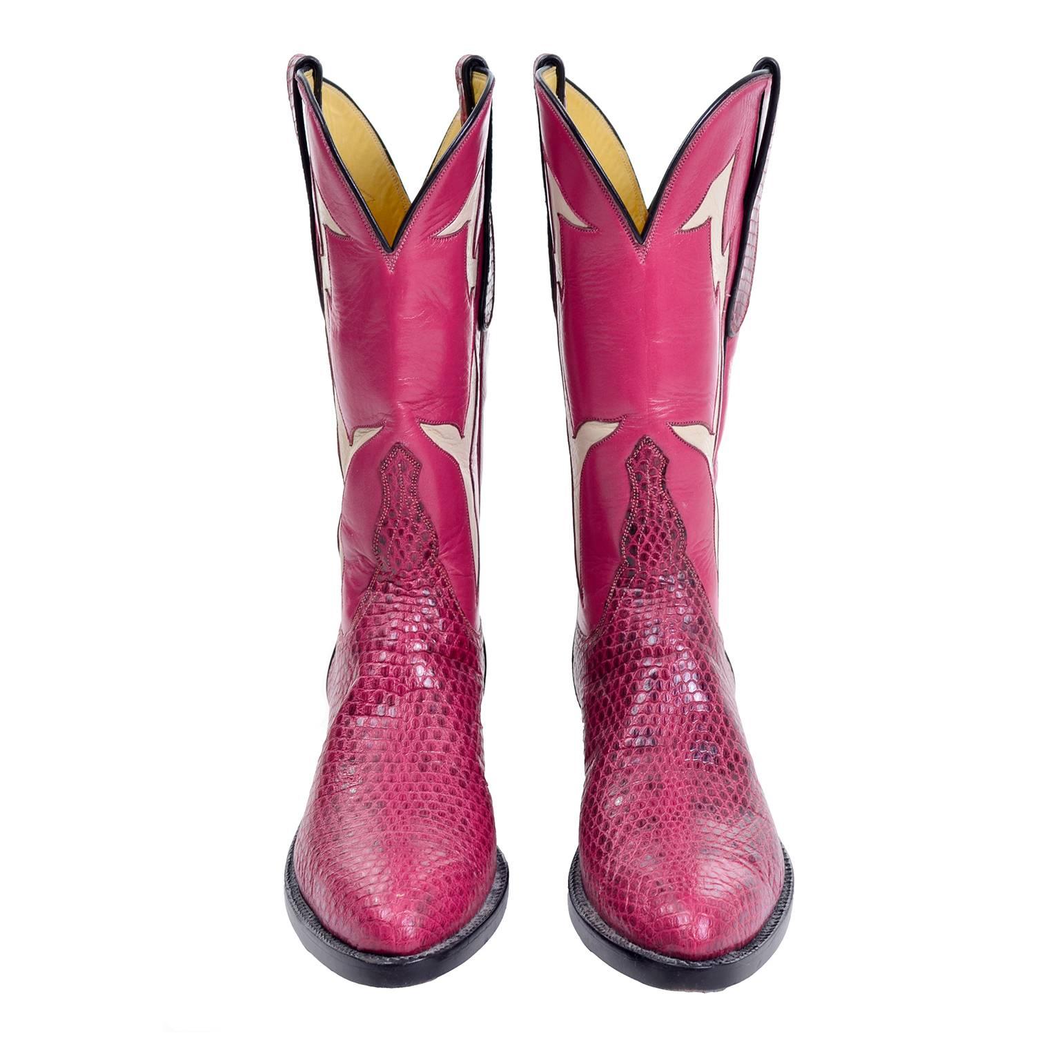 These are rare Tom Taylor Custom Boots from Santa Fe in Pink leather and pink dyed snakeskin. These cowboy boots are in excellent condition, barely ever worn, and have only minor sole wear. The estate from which these boots came included high end