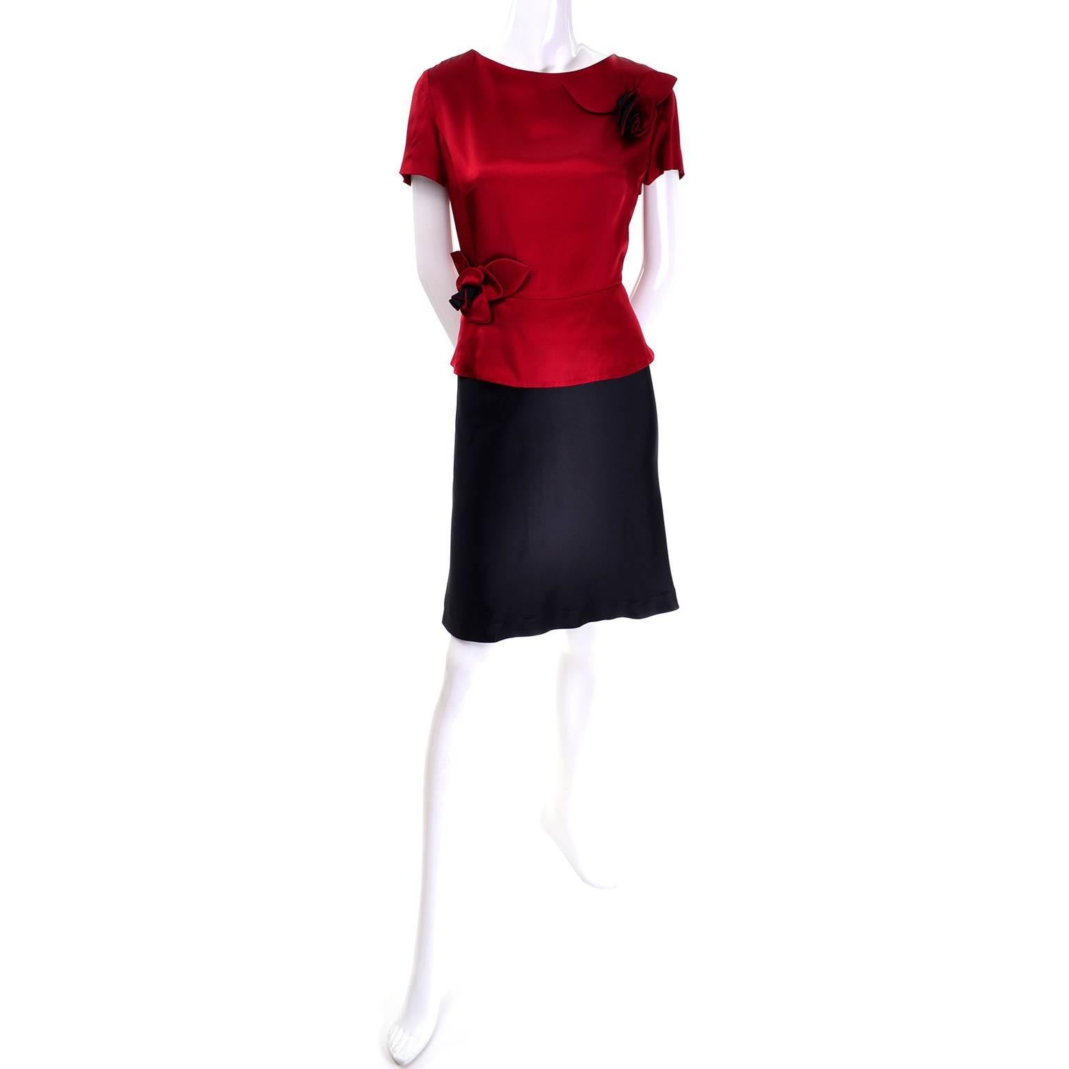 1990s Vintage Moschino Red and Black Color Block Dress W/ Mini Peplum and Flower 1
