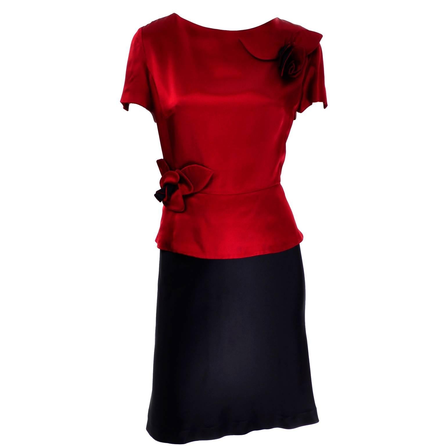 1990s Vintage Moschino Red and Black Color Block Dress W/ Mini Peplum and Flower 2