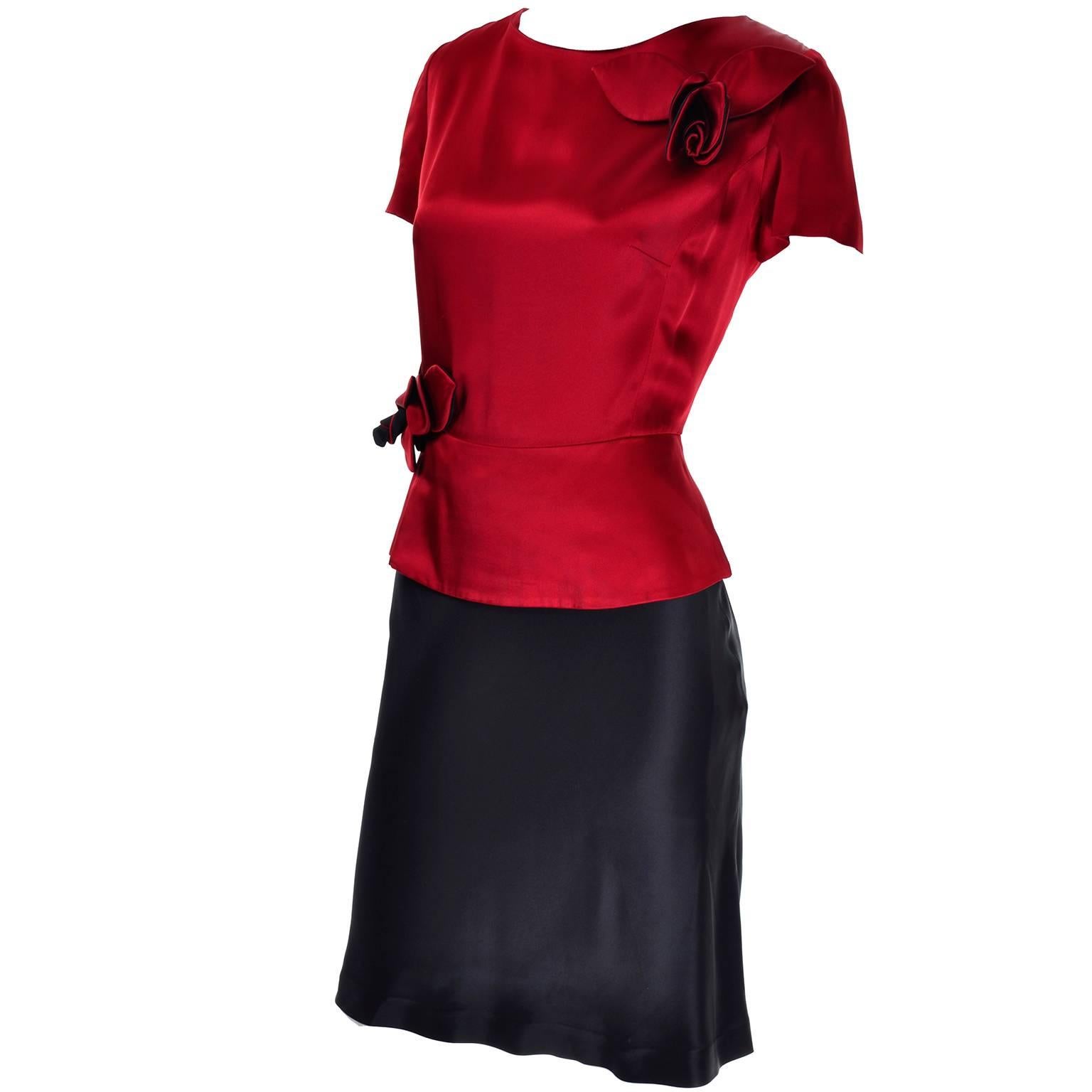 1990s Vintage Moschino Red and Black Color Block Dress W/ Mini Peplum and Flower