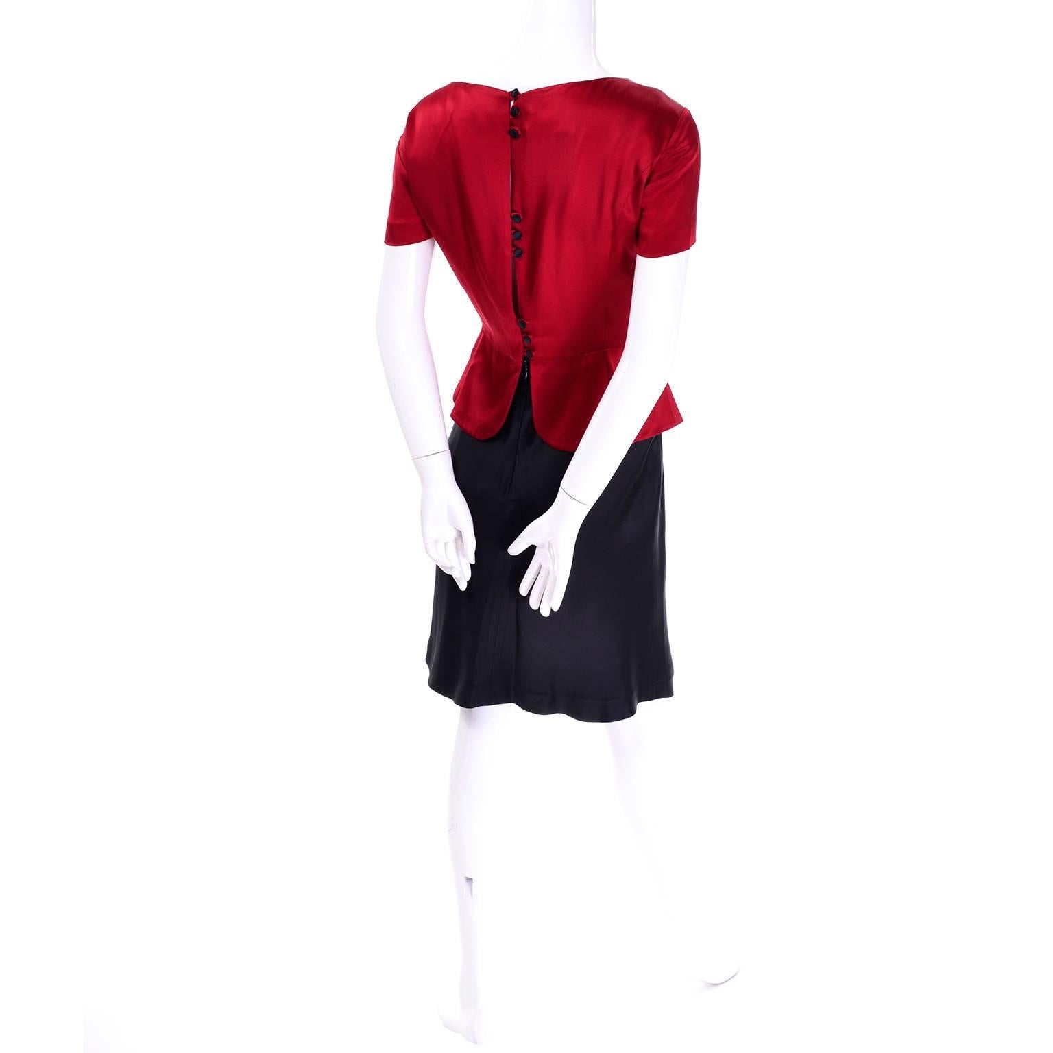 1990s Vintage Moschino Red and Black Color Block Dress W/ Mini Peplum and Flower 3