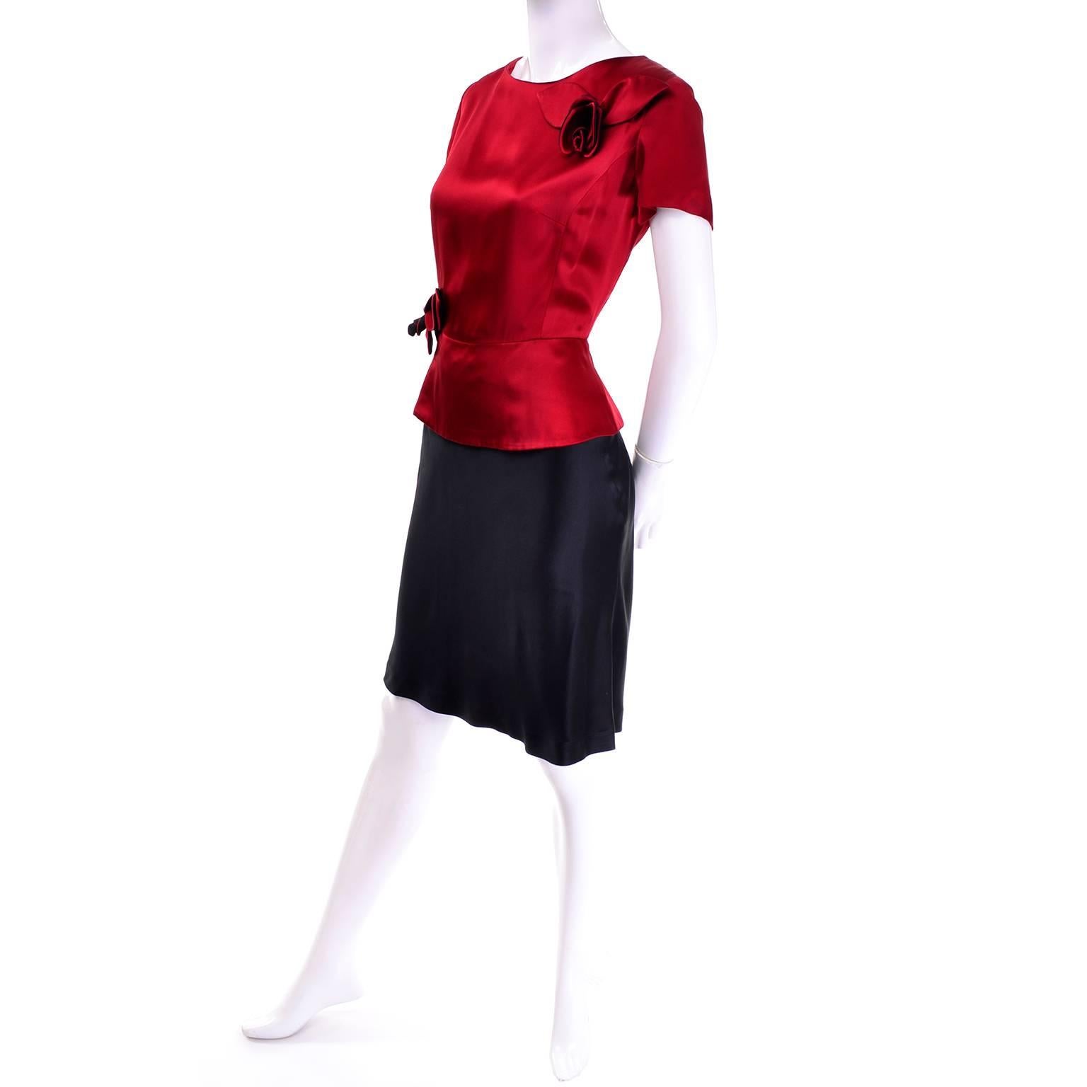 Women's 1990s Vintage Moschino Red and Black Color Block Dress W/ Mini Peplum and Flower