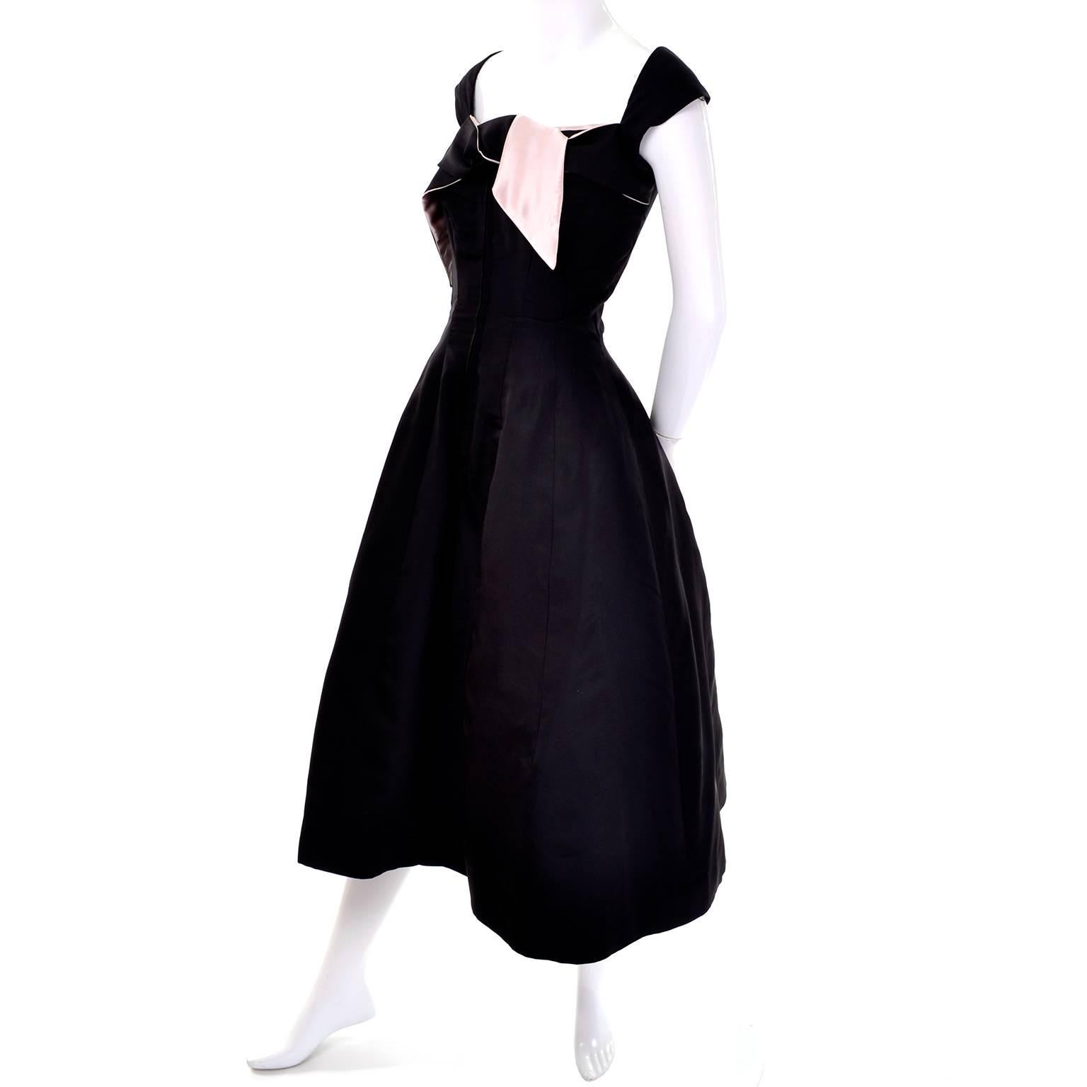 Rare Vintage Nettie Rosenstein Black Dress With Pink Silk Trim In Excellent Condition In Portland, OR