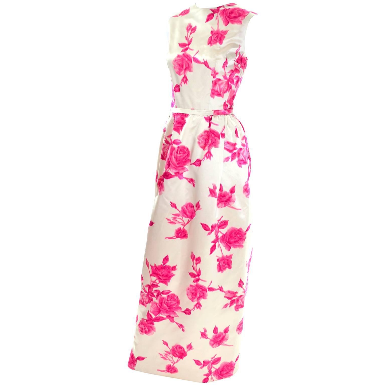 1960s Vintage Dress Sleeveless in Cream Silk W Pink Velvet Flocked Roses & Belt