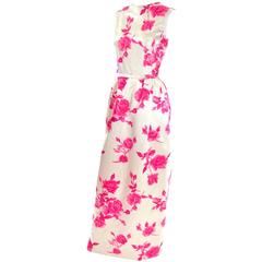 1960s Formal Dress Vintage Silk Evening Gown Flocked Pink Roses Size 8 9