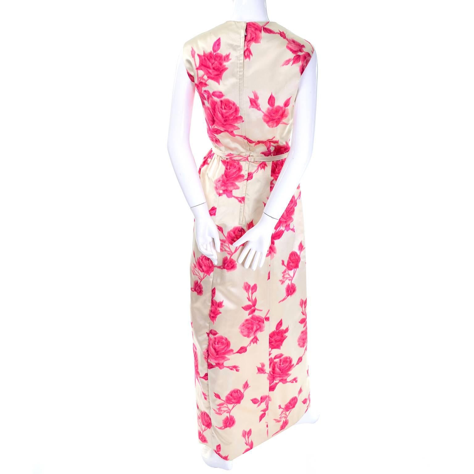 White 1960s Vintage Dress Sleeveless in Cream Silk W Pink Velvet Flocked Roses & Belt