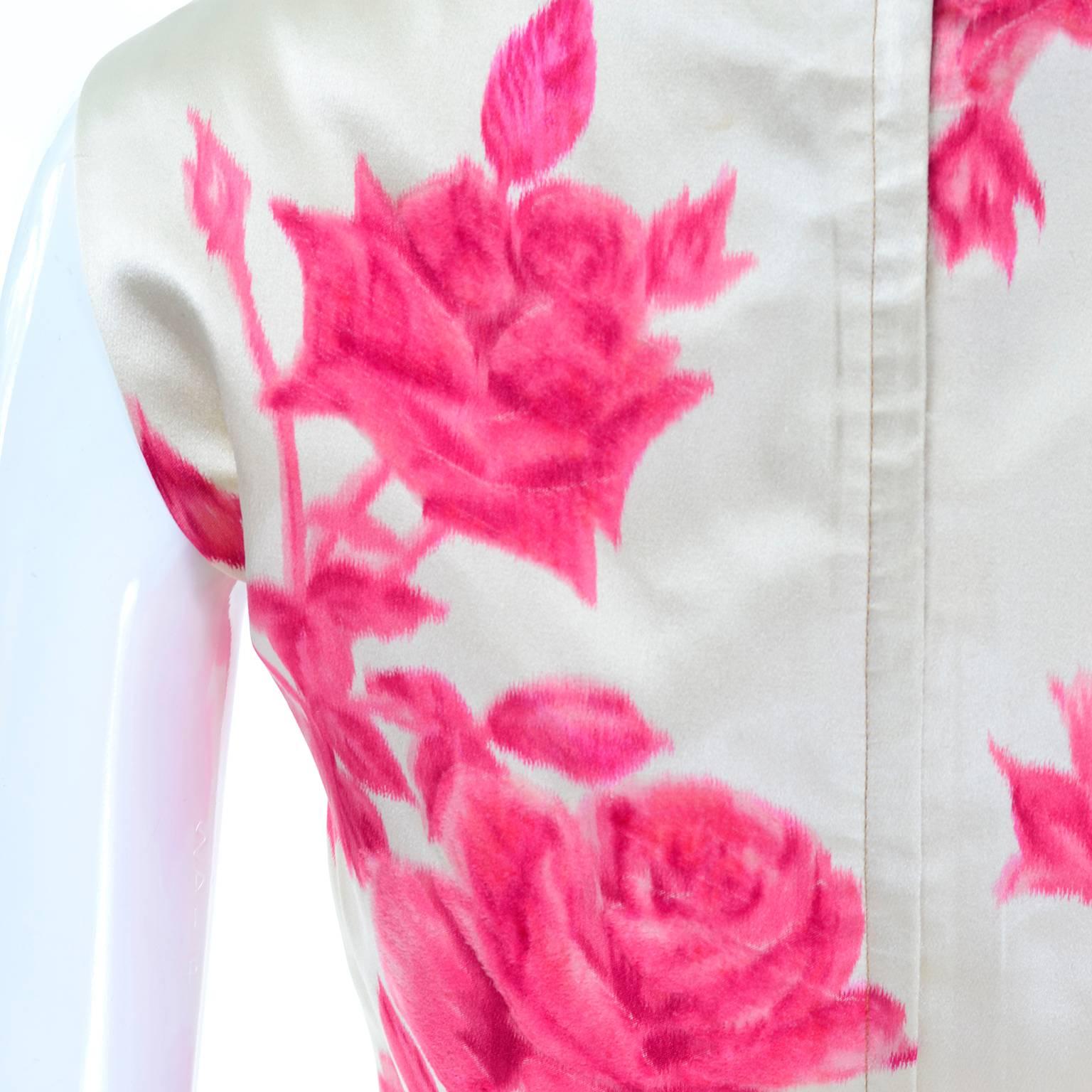 1960s Vintage Dress Sleeveless in Cream Silk W Pink Velvet Flocked Roses & Belt In Good Condition In Portland, OR
