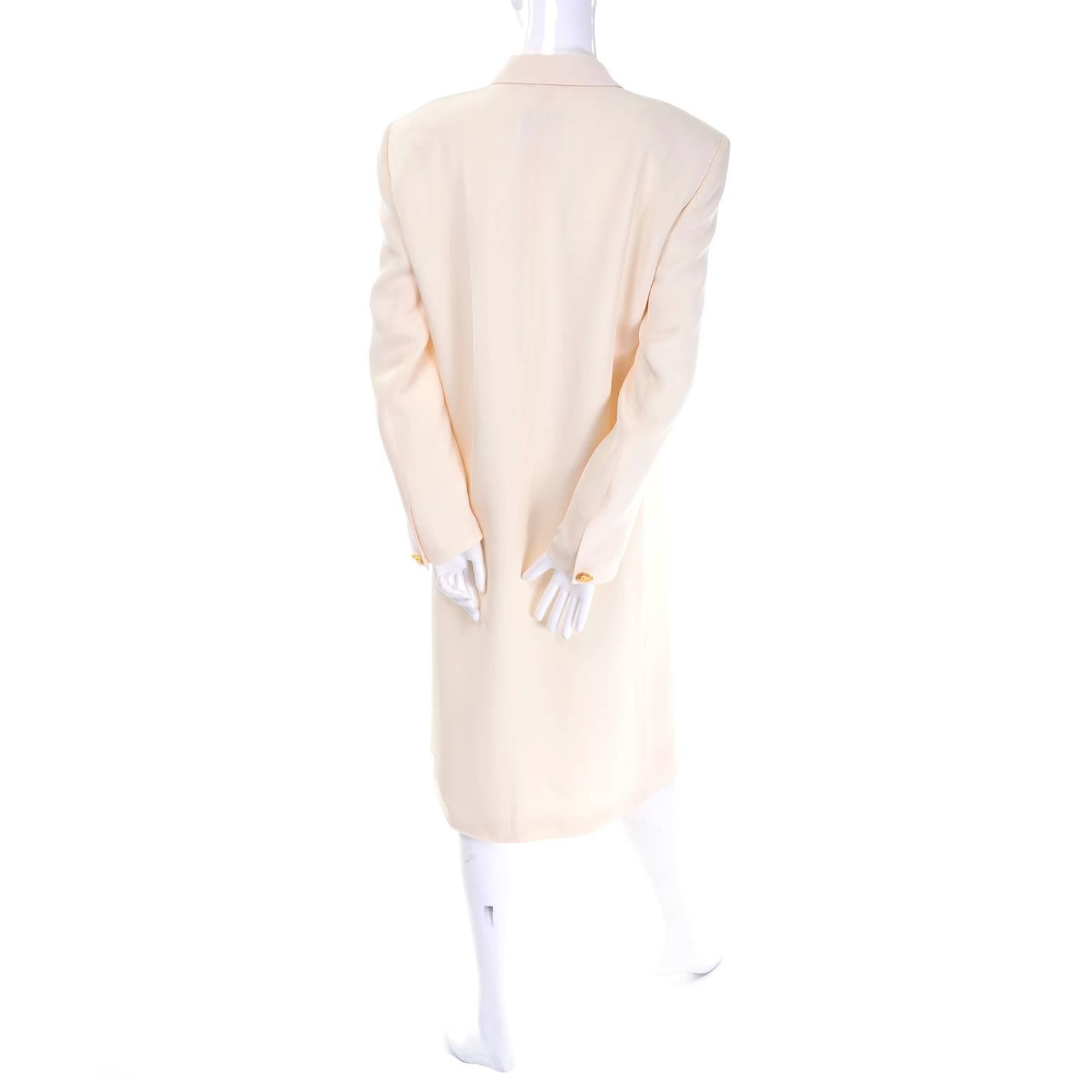 White Vintage Escada Couture Creamy Ivory Silk Evening Coat Gold Rhinestone Buttons 38 For Sale