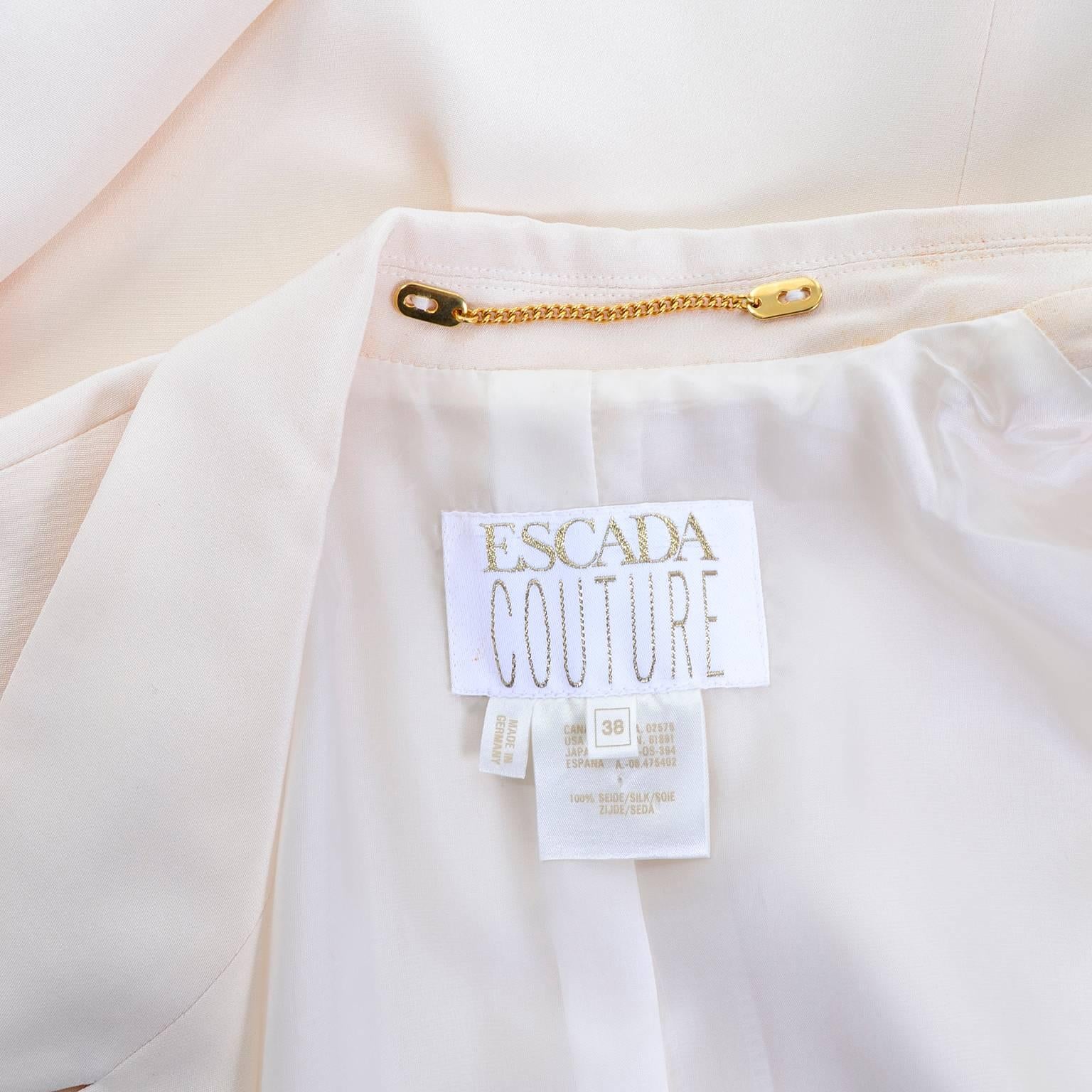 Vintage Escada Couture Creamy Ivory Silk Evening Coat Gold Rhinestone Buttons 38 In Excellent Condition For Sale In Portland, OR