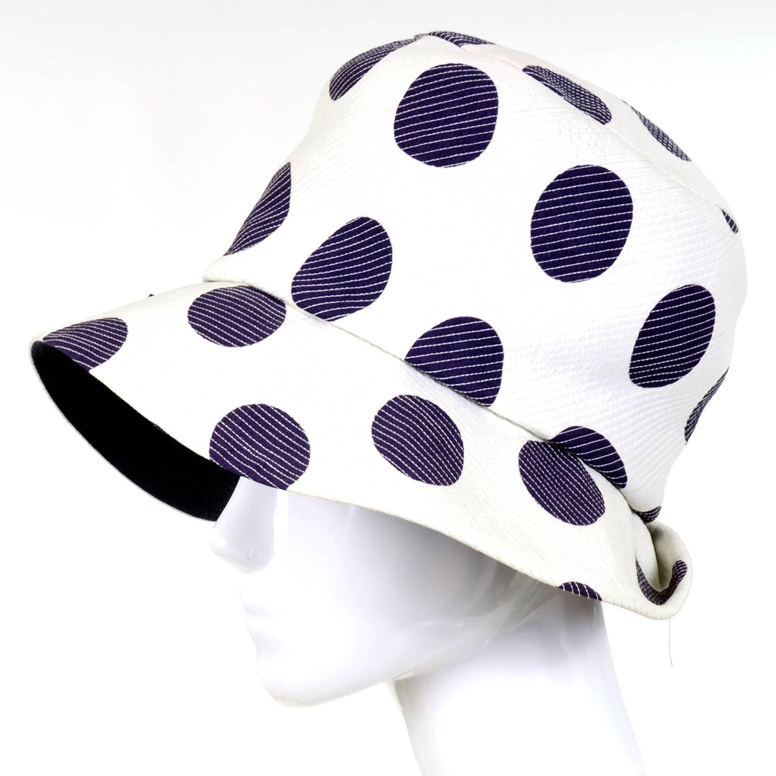 Women's Josie 1960s Mod Vintage Hat White With Navy Blue Polka Dots