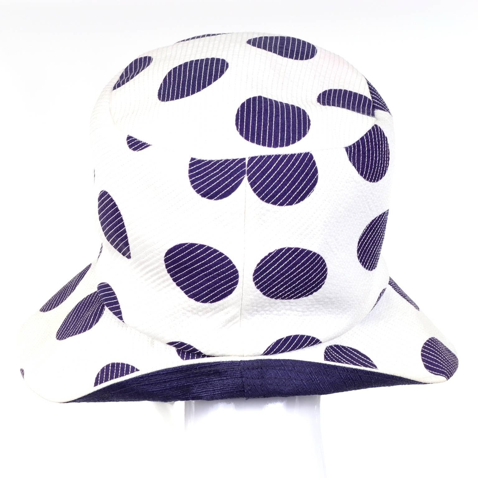 Josie 1960s Mod Vintage Hat White With Navy Blue Polka Dots 1