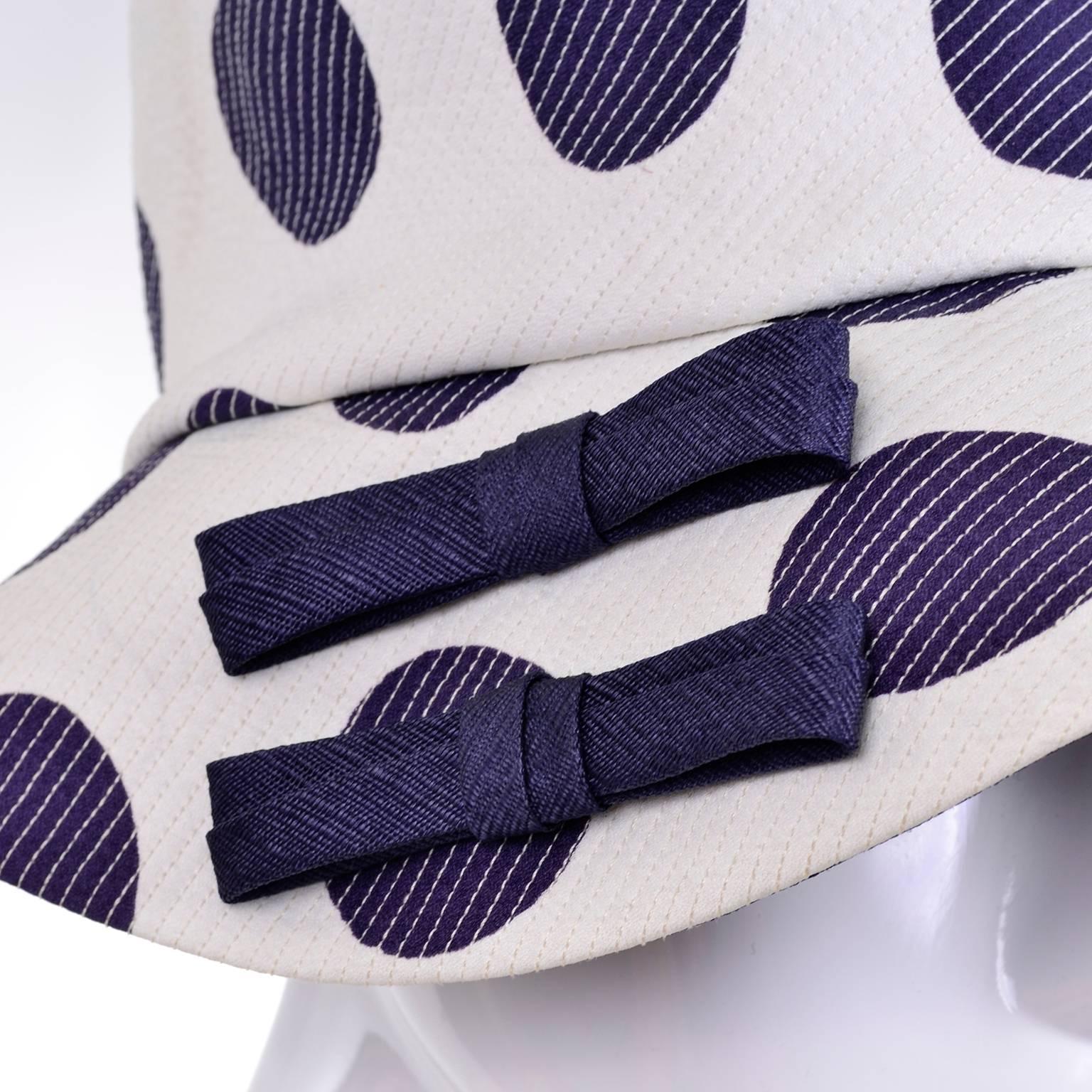 Purple Josie 1960s Mod Vintage Hat White With Navy Blue Polka Dots