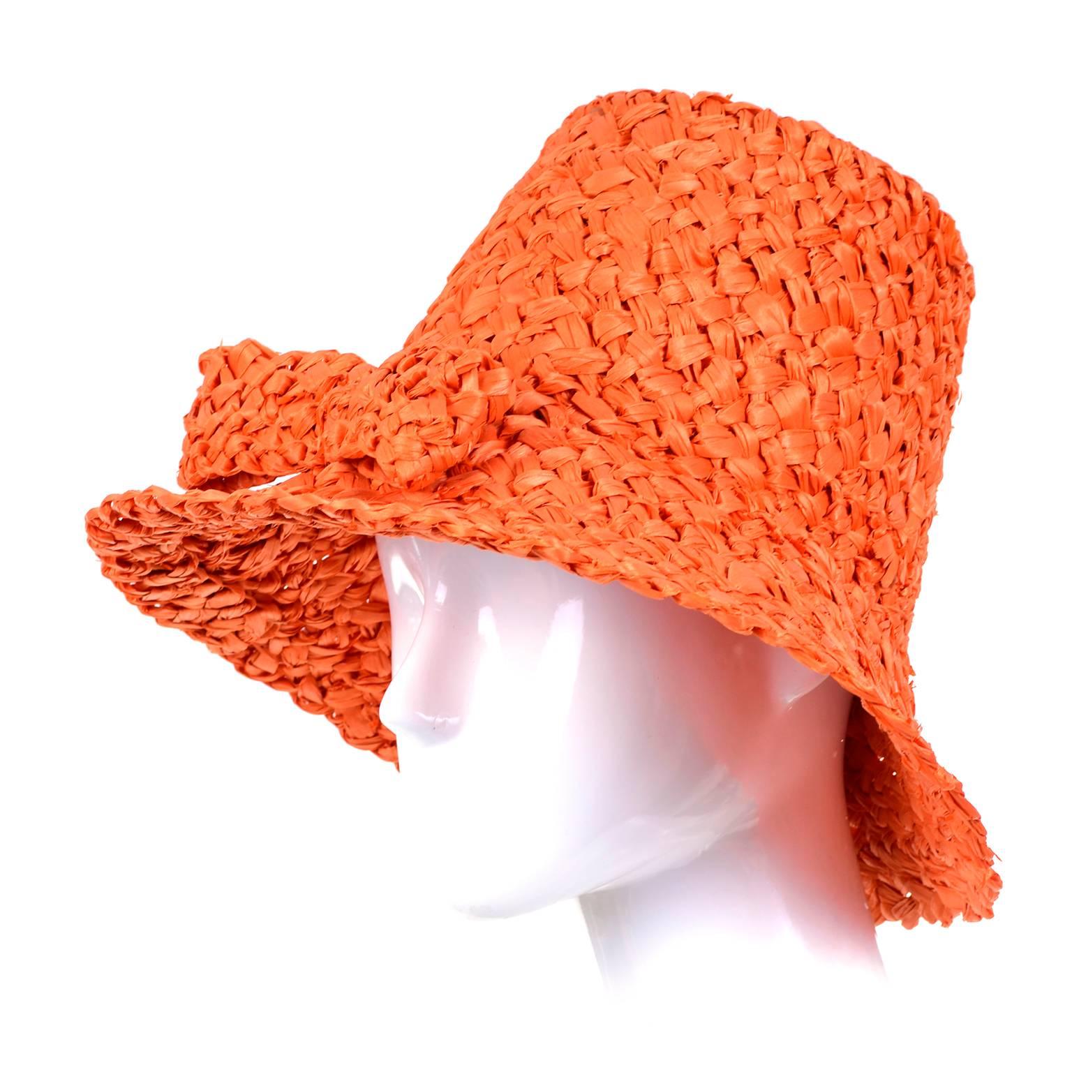Tall 1960s Orange Raffia Straw Vintage Sun Hat With Bow