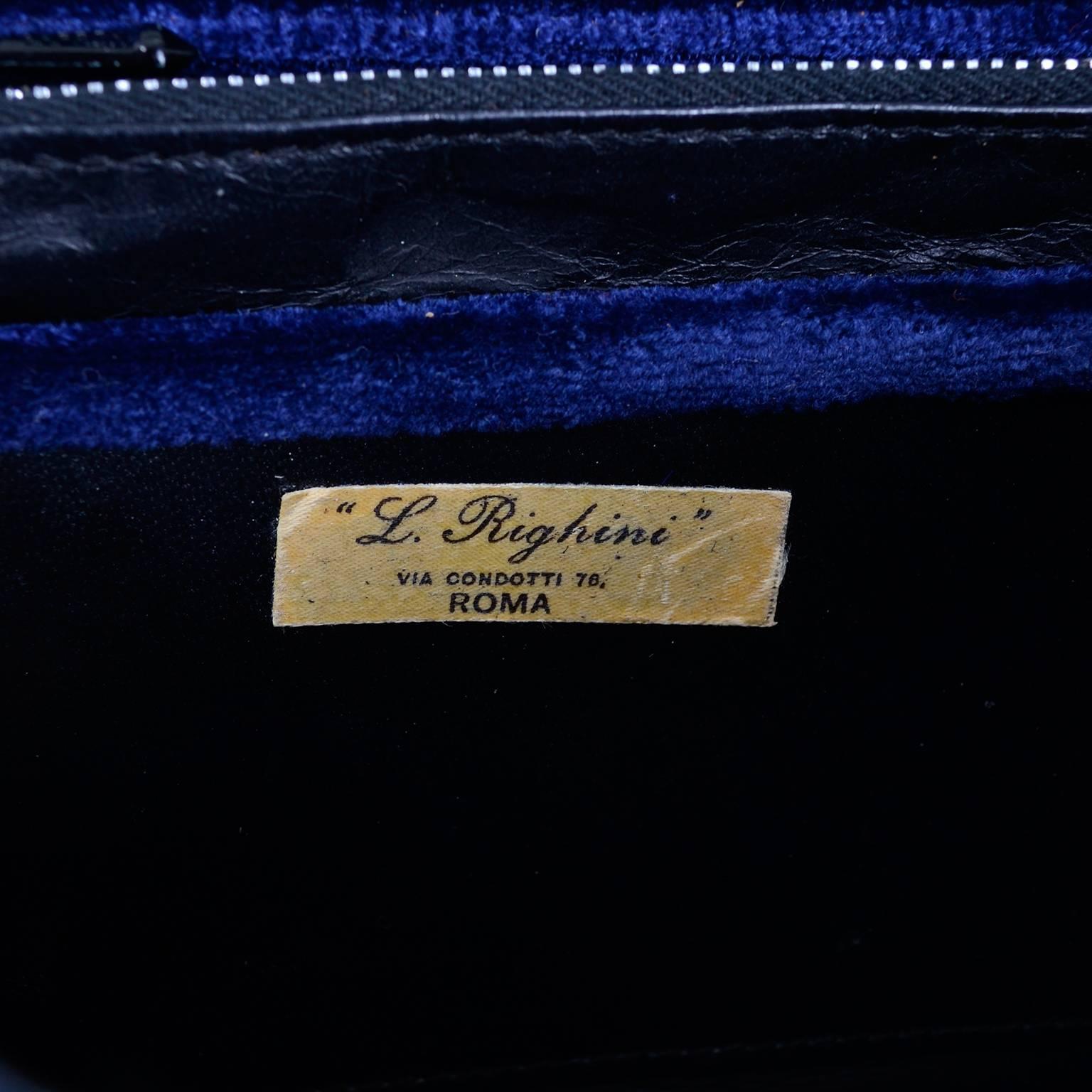 Rare 1960s L Righini Via Condotti Roma Blue & Burgundy Vintage Velveteen Handbag In Excellent Condition In Portland, OR