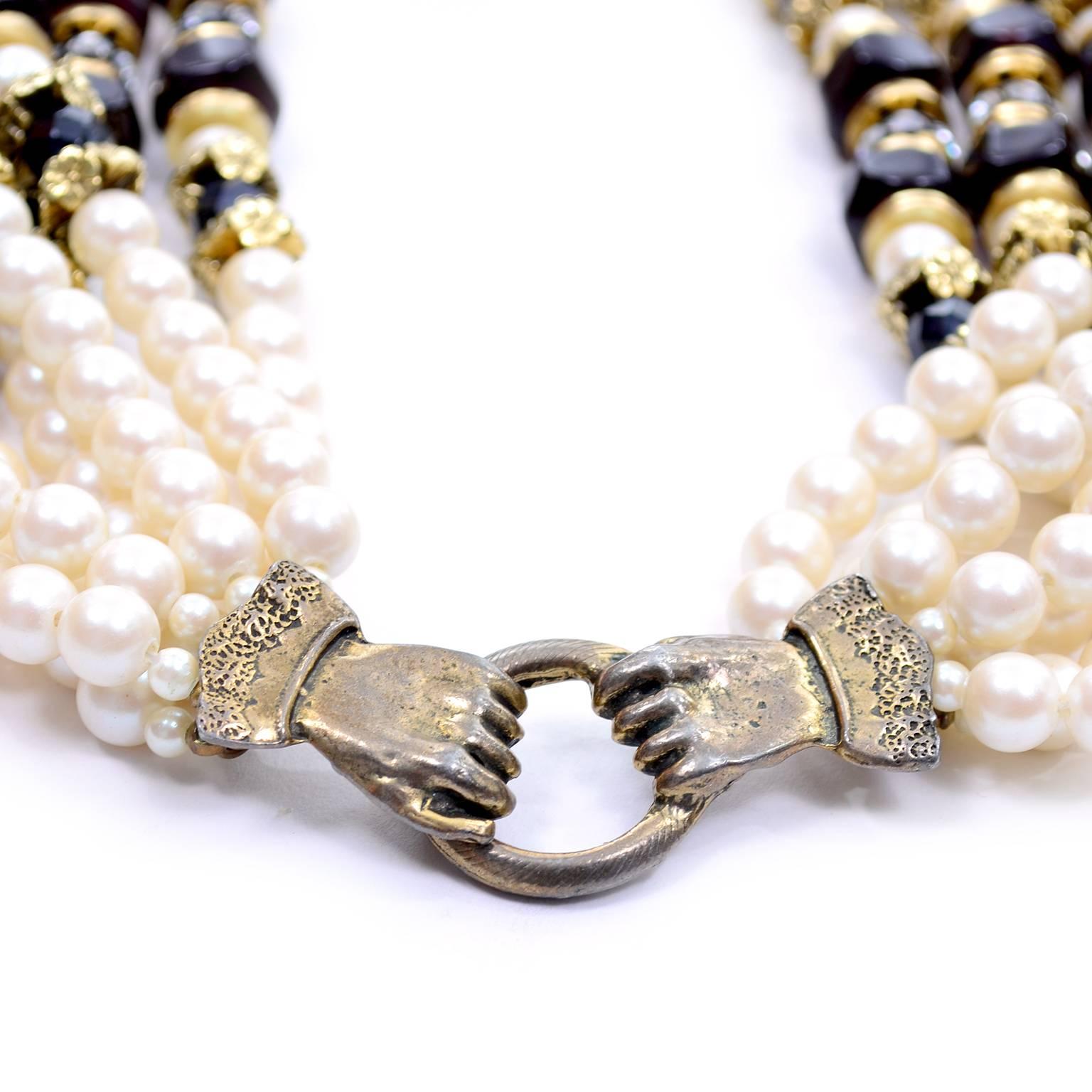 Vintage Multi Strand Pearl Necklace with Hand Clasp and Rhinestones In Excellent Condition In Portland, OR