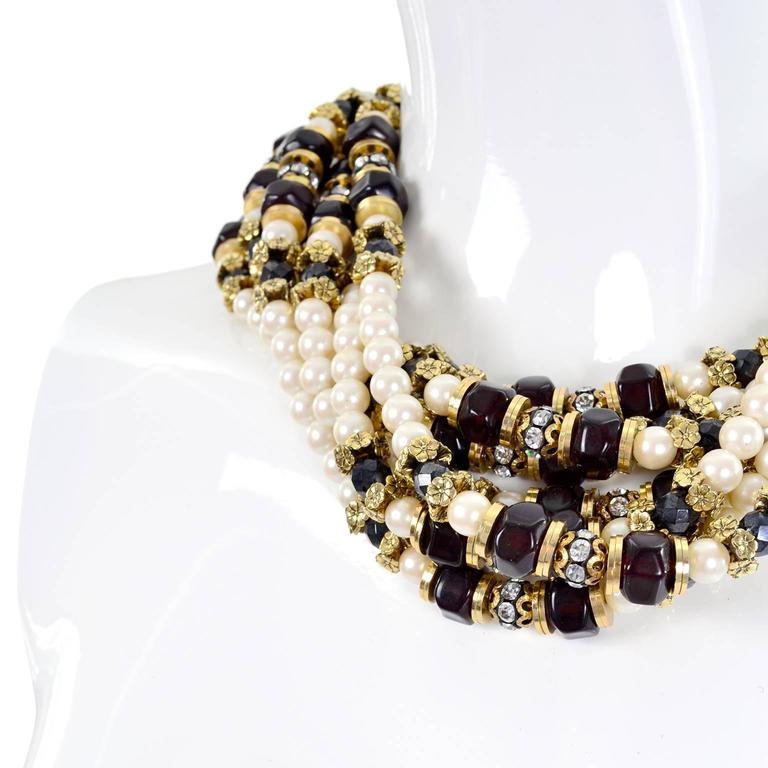 Vintage Multi Strand Pearl Necklace with Hand Clasp and Rhinestones at 1stDibs discolored