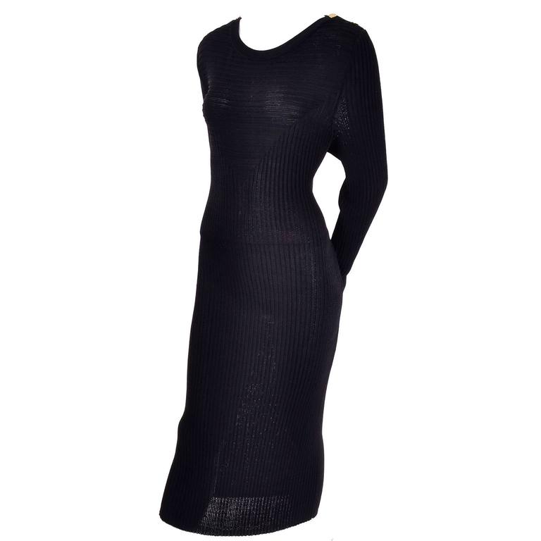 1980s Yves Saint Laurent Vintage Bodycon Black Knit Dress For Sale at