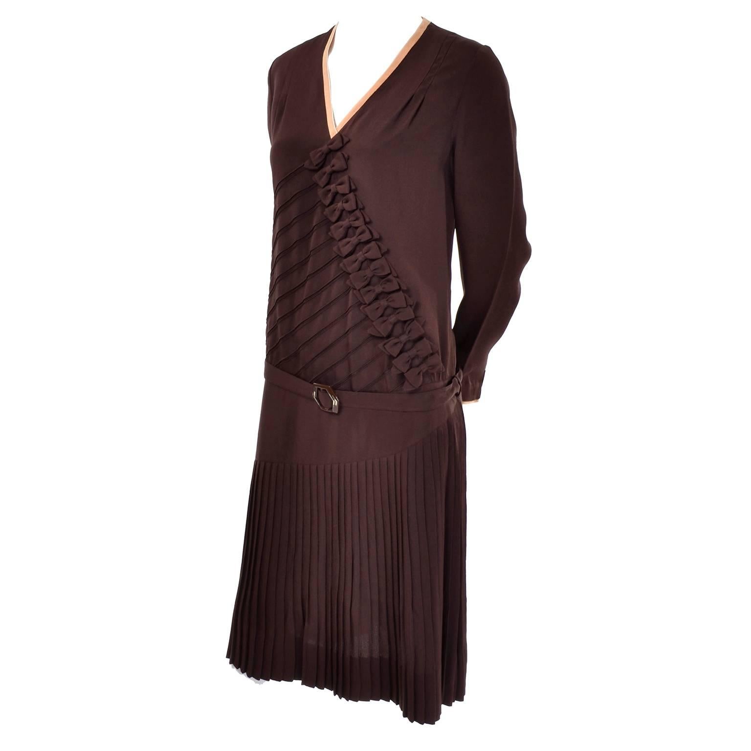 Orange 1920s Vintage Chocolate Brown Silk Peach Trimmed Dress W/ Fine  Pleating & Bows