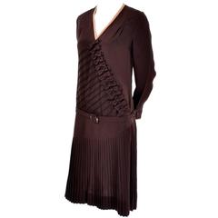 1920s Vintage Brown Silk Peach Trimmed Dress W/ Detailed Pleating & Rows of Bows 2