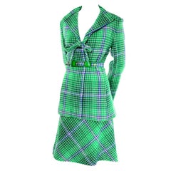 Rare 1970s Missoni Vintage Green & Blue Plaid Skirt and Jacket Fall Suit