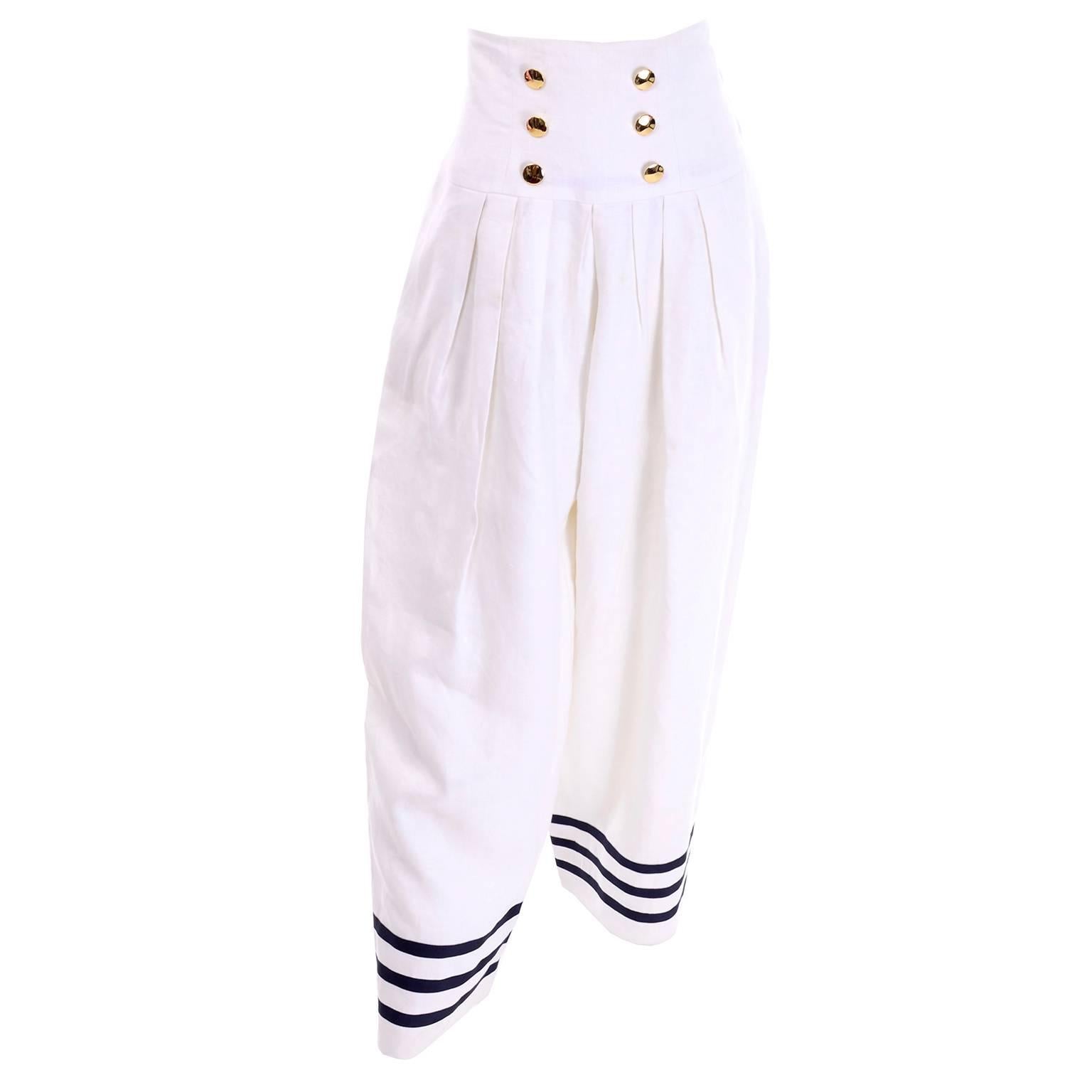 Albert Nipon Boutique Vintage White & Blue Linen High Waist Wide Leg Pants