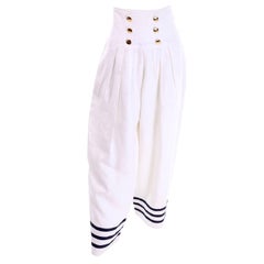 Albert Nipon Boutique Vintage White & Blue Linen High Waist Wide Leg Pants