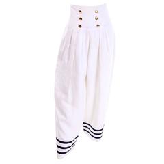 Albert Nipon Boutique Vintage Linen High Waisted Wide Leg Pants Navy Blue Trim 10