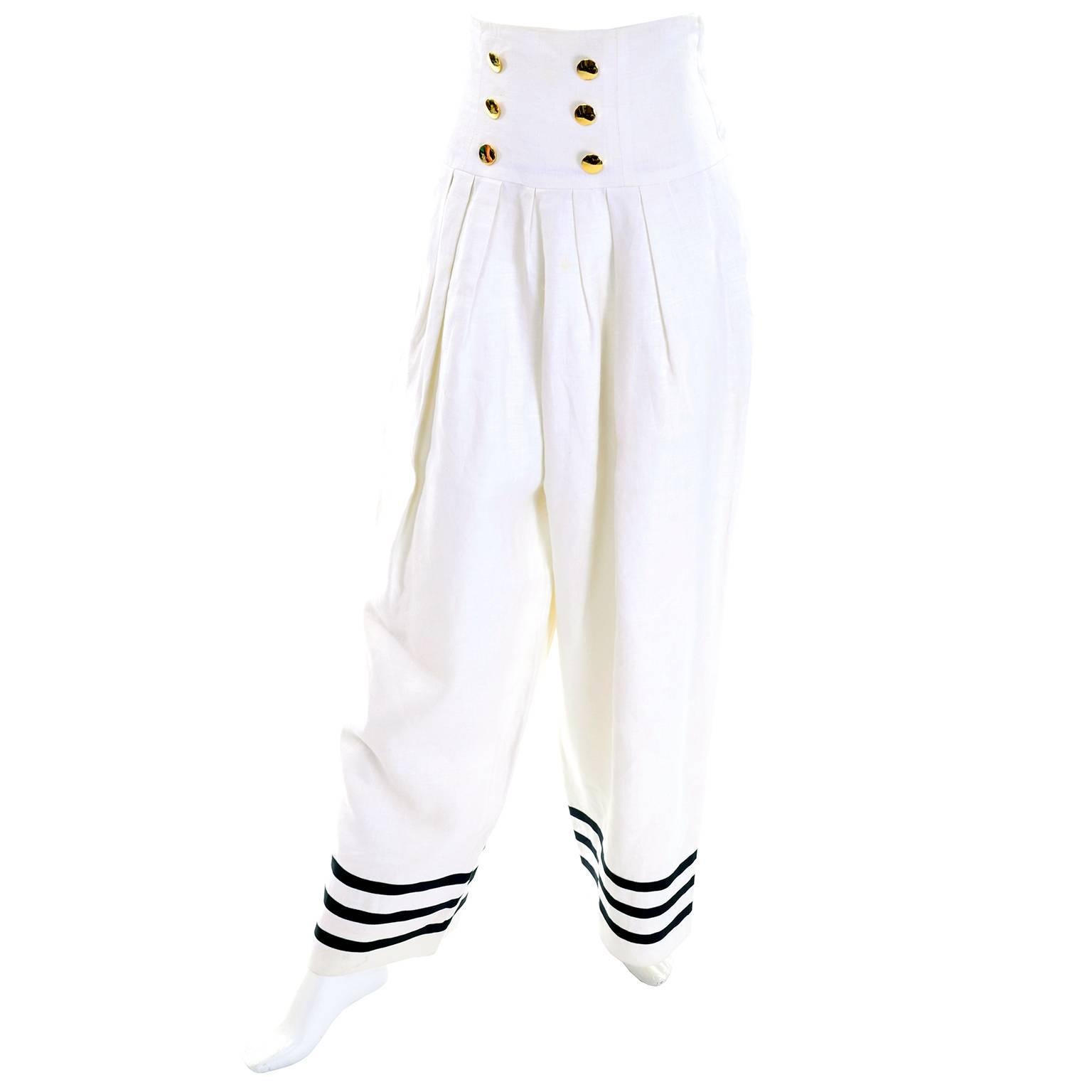 Women's Albert Nipon Boutique Vintage White & Blue Linen High Waist Wide Leg Pants