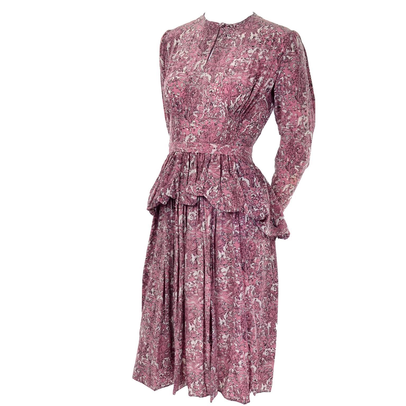 1940s Vintage Silk Dress in Rose Mauve Toile Novelty Print with Peplum