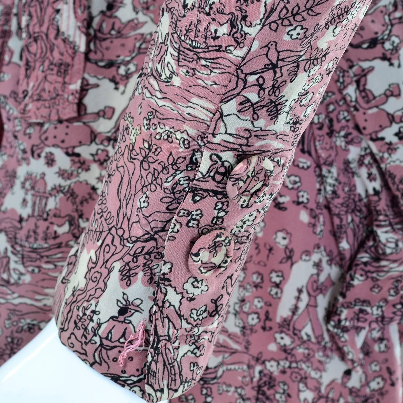 1940s Vintage Silk Dress in Rose Mauve Toile Novelty Print with Peplum In Excellent Condition In Portland, OR