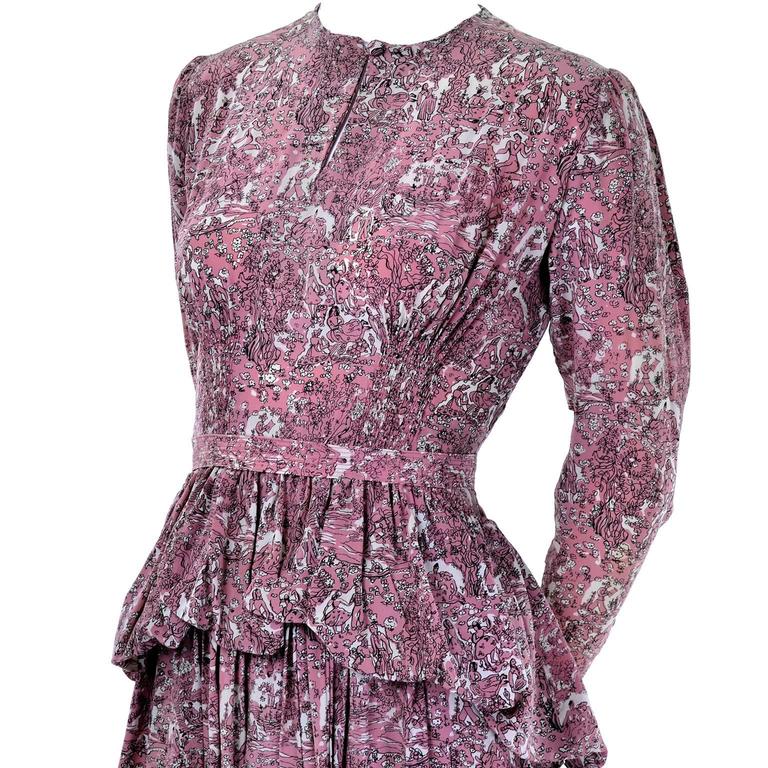 1940s Vintage Silk Dress in Rose Mauve Toile Novelty Print with Peplum