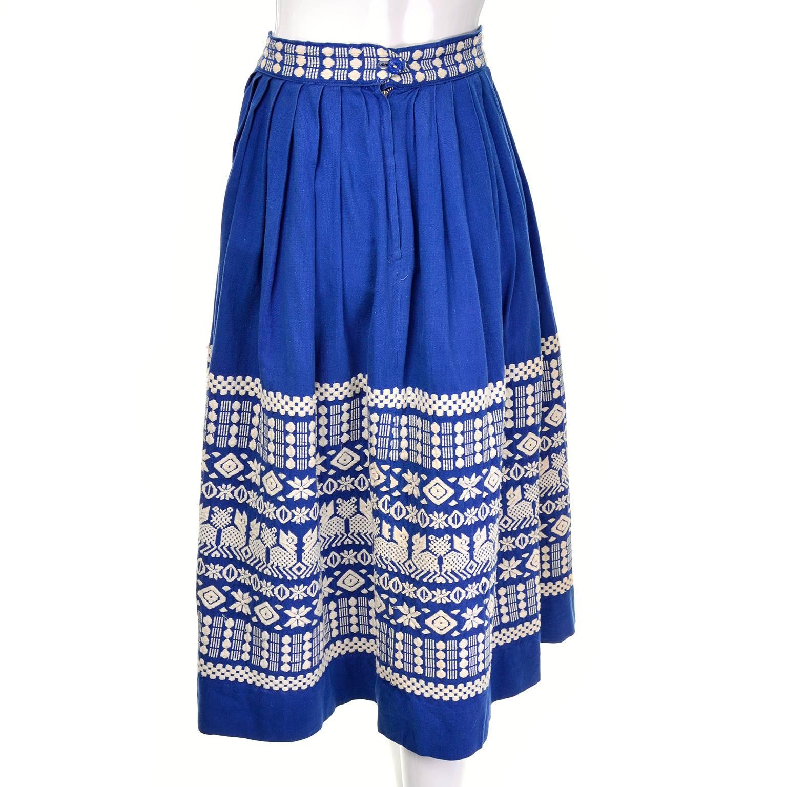1950s Pelux Guatemala Vintage Folk Blue Skirt Handwoven with White Embroidery In Excellent Condition For Sale In Portland, OR
