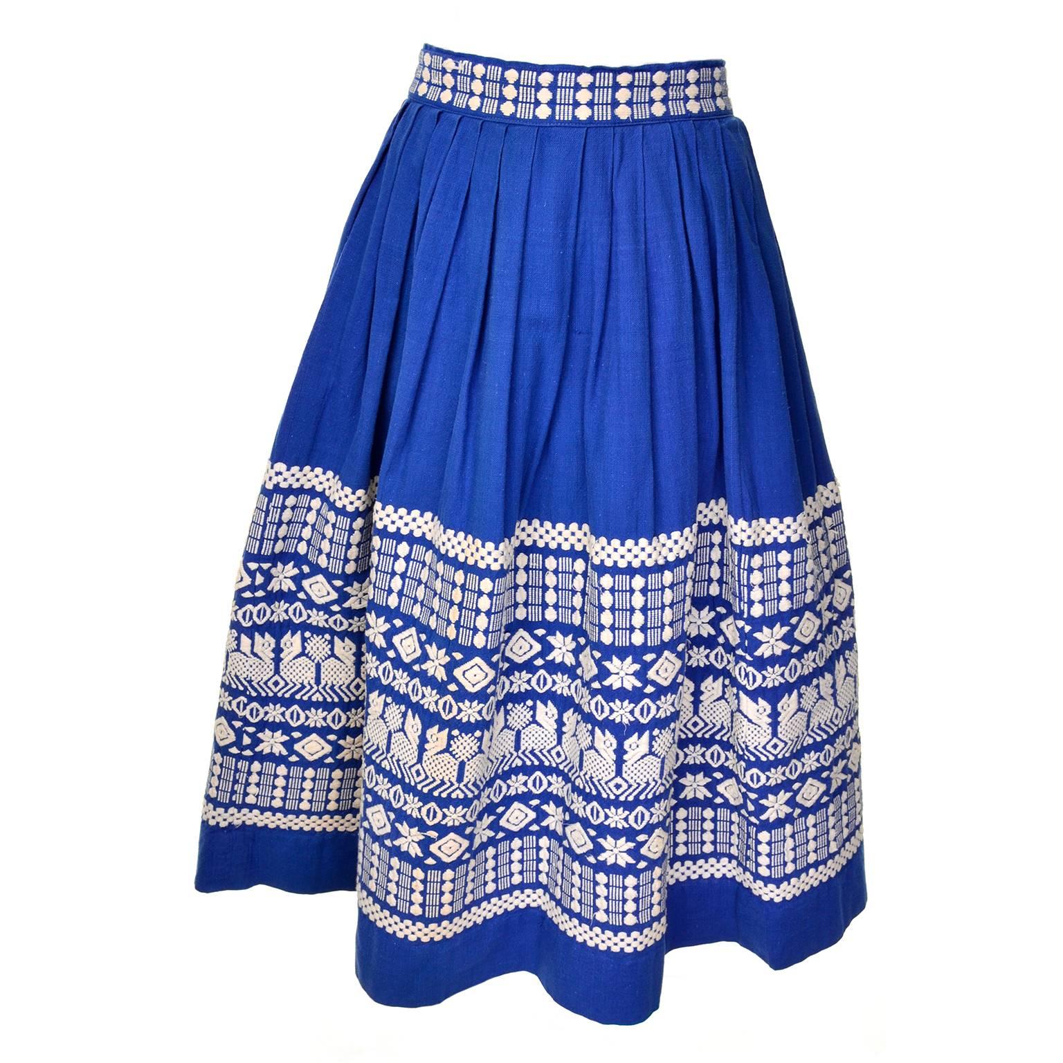 1950s Pelux Guatemala Vintage Folk Blue Skirt Handwoven with White Embroidery For Sale
