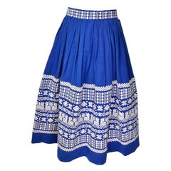 1950s Pelux Guatemala Vintage Folk Blue Skirt Handwoven with White Embroidery