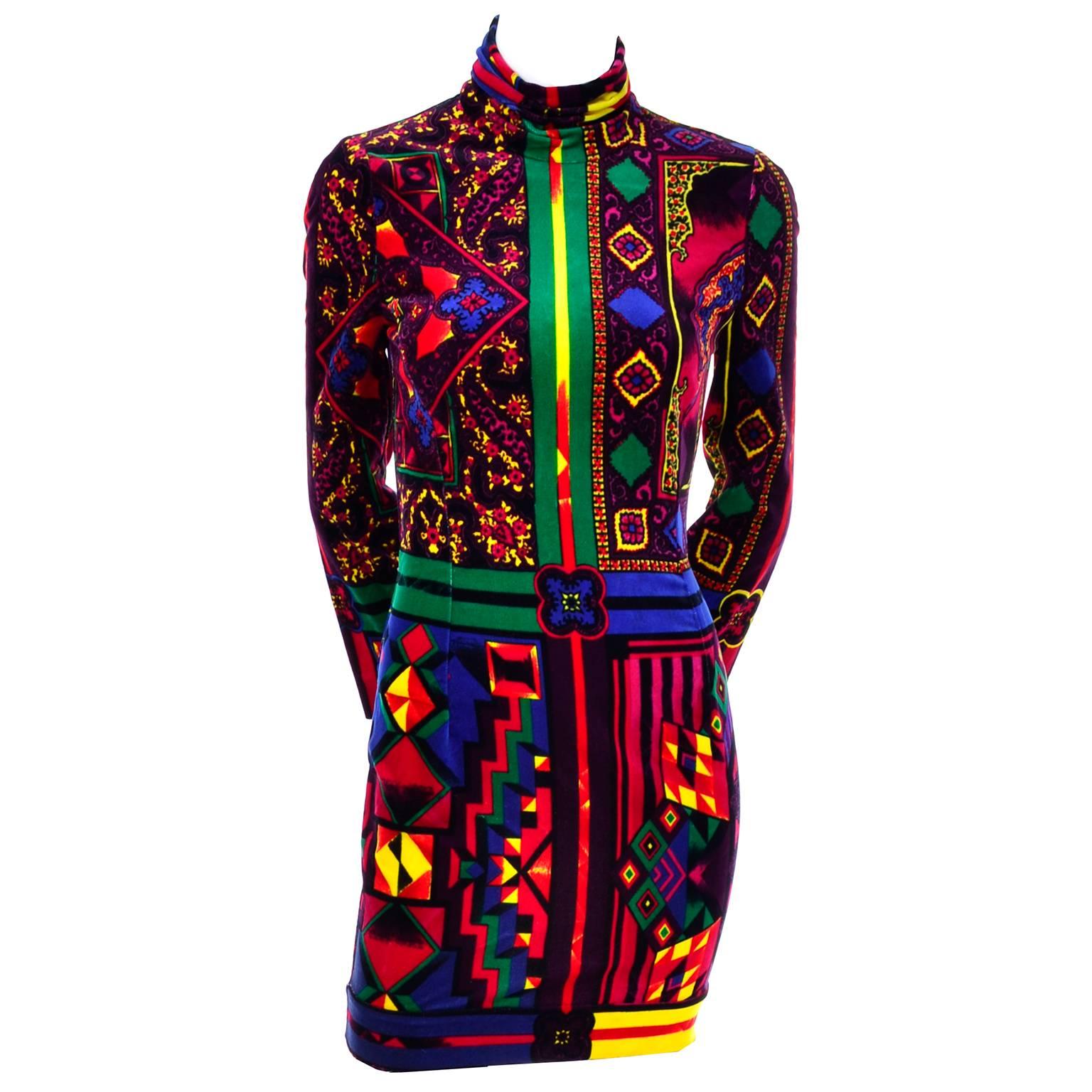 New 1990s Gianni Versace Vintage Dress in Bold Abstract Pattern Velvet w/ tag