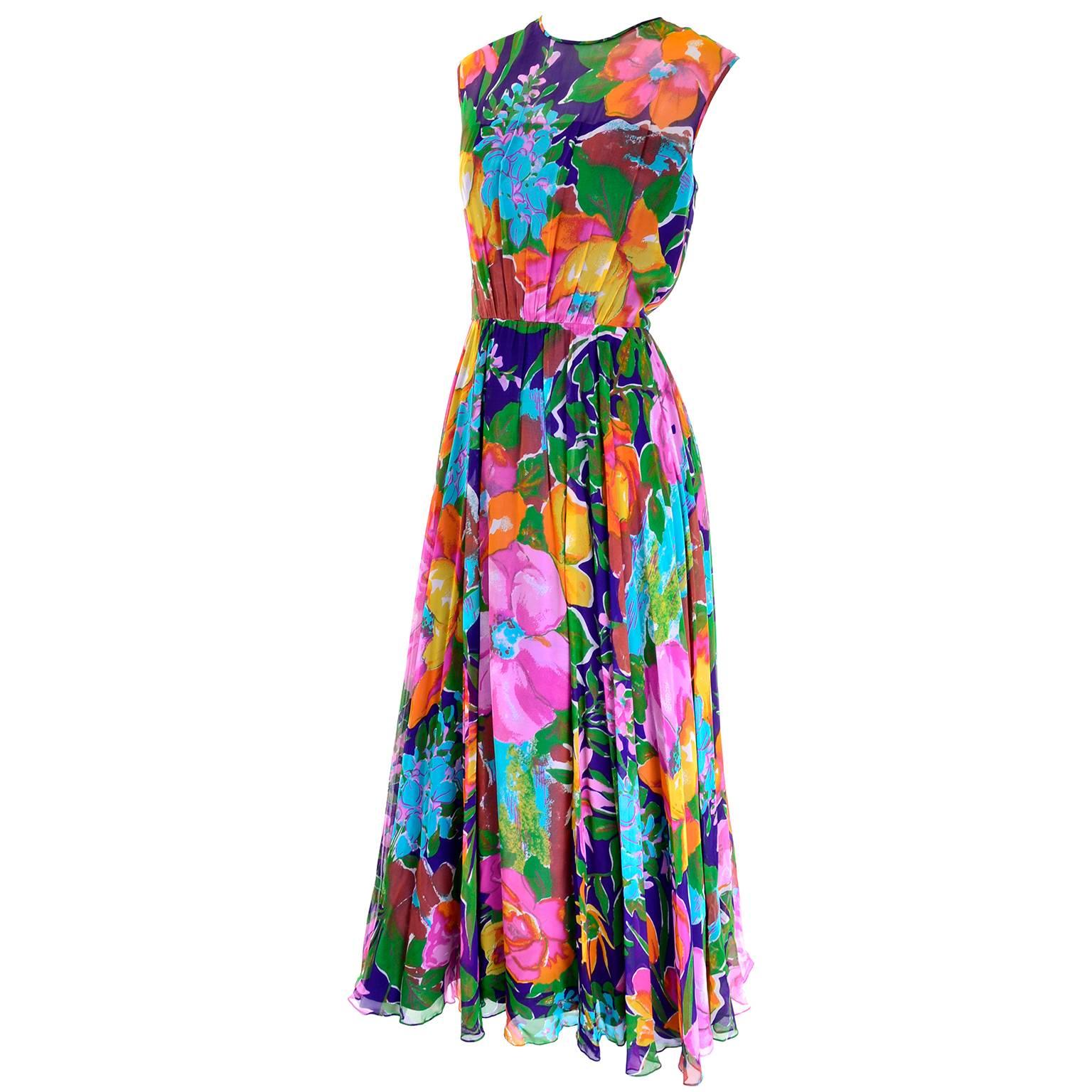Women's 1970s Vintage Sleeveless Dress in a Bright Floral Chiffon Print