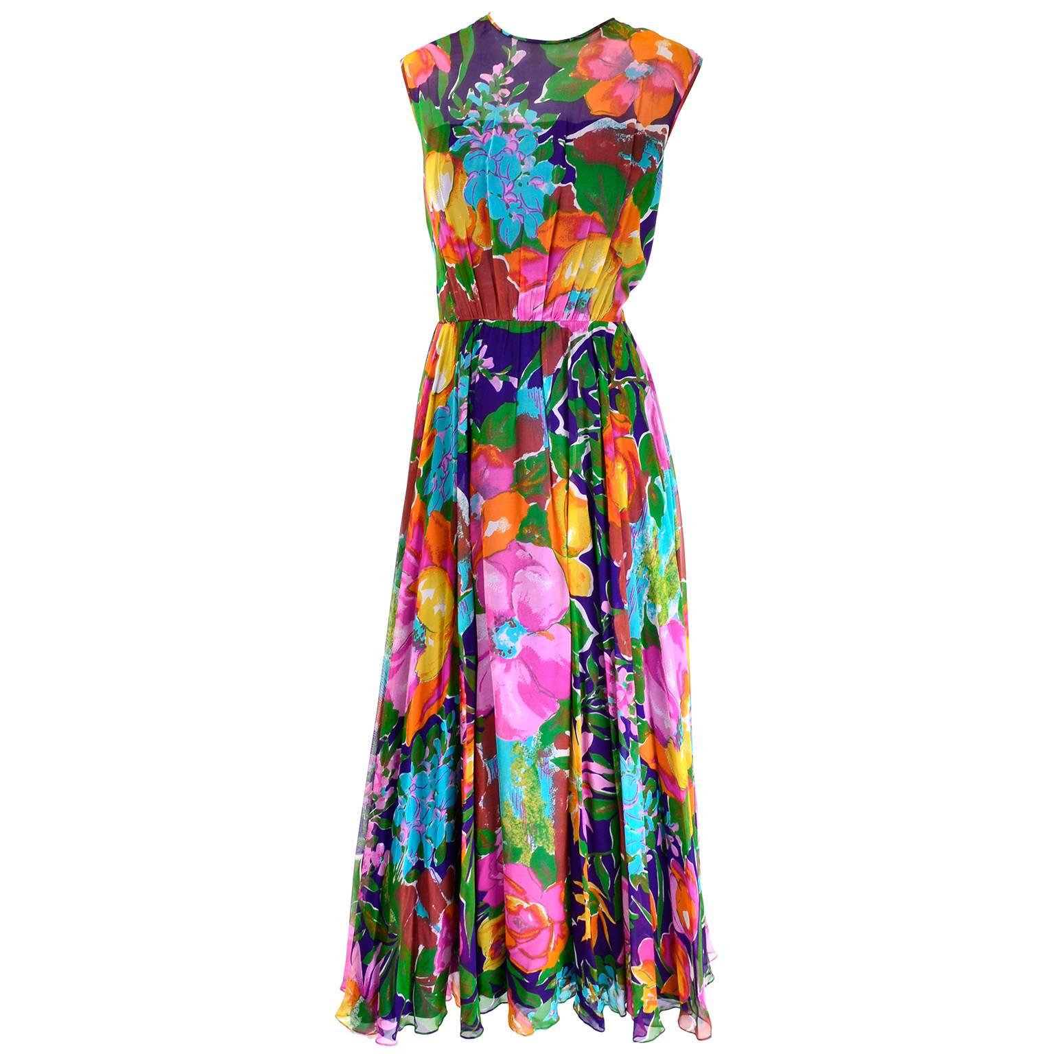 1970s Vintage Sleeveless Dress in a Bright Floral Chiffon Print