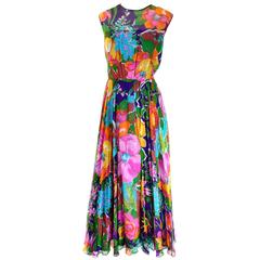1970s Vintage Sleeveless Dress in a Bright Floral Chiffon Print 1