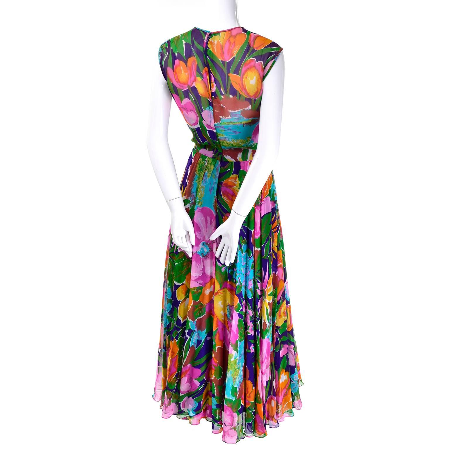 1970s Vintage Sleeveless Dress in a Bright Floral Chiffon Print 1