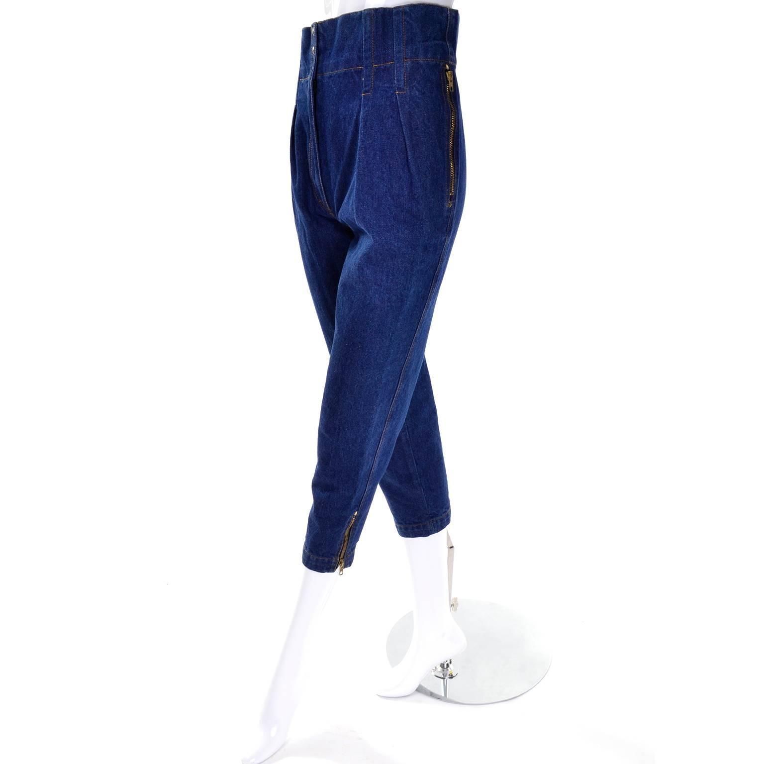 Rare Vintage Azzedine Alaia 1980s High Waisted Denim Cropped Jeans w/ Zippers 2