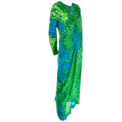 1970s Vintage Silk Jersey Blue & Green Print Jumpsuit w/ Matching Sarong 2