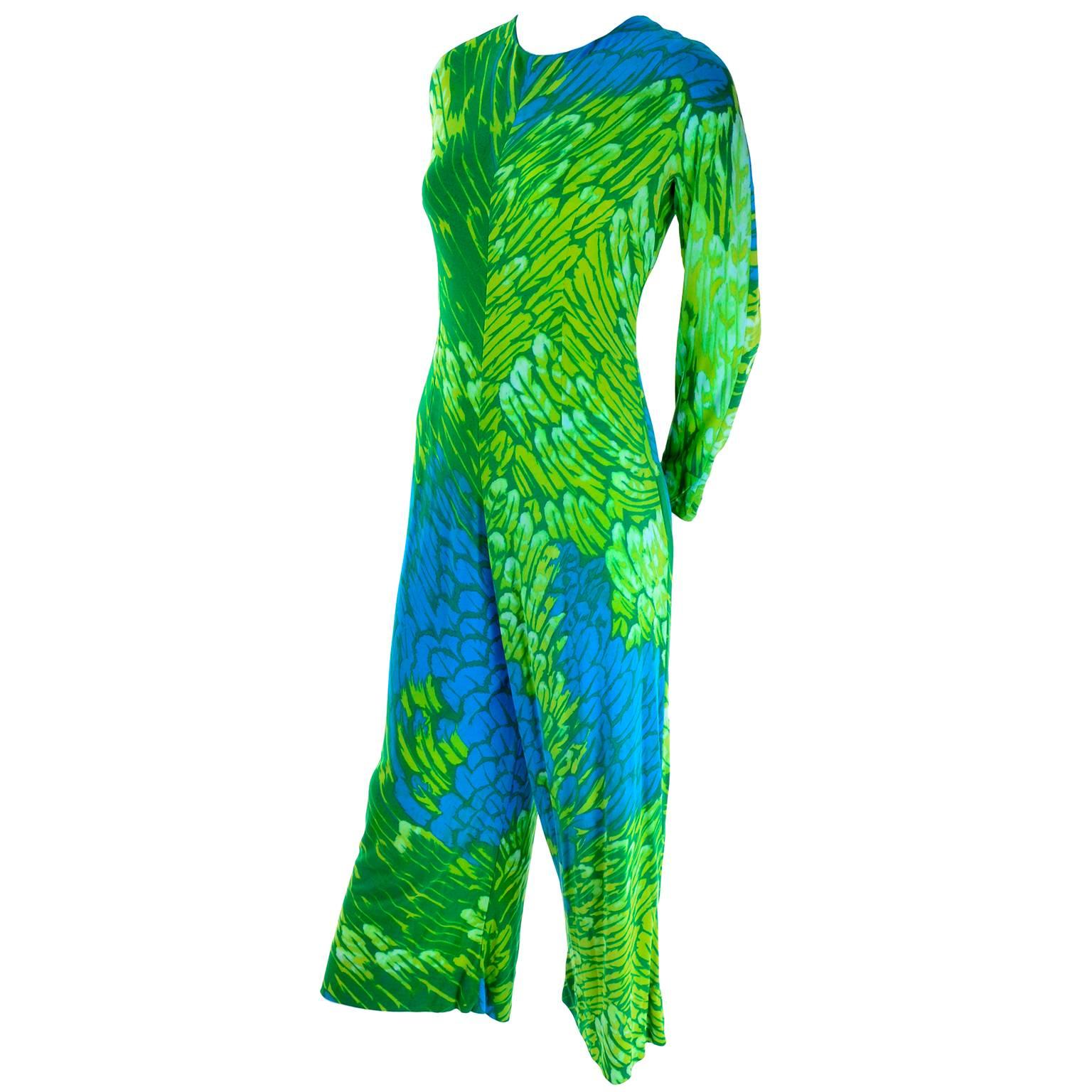 1970s Vintage Silk Jersey Blue & Green Print Jumpsuit w/ Matching Sarong In Good Condition In Portland, OR