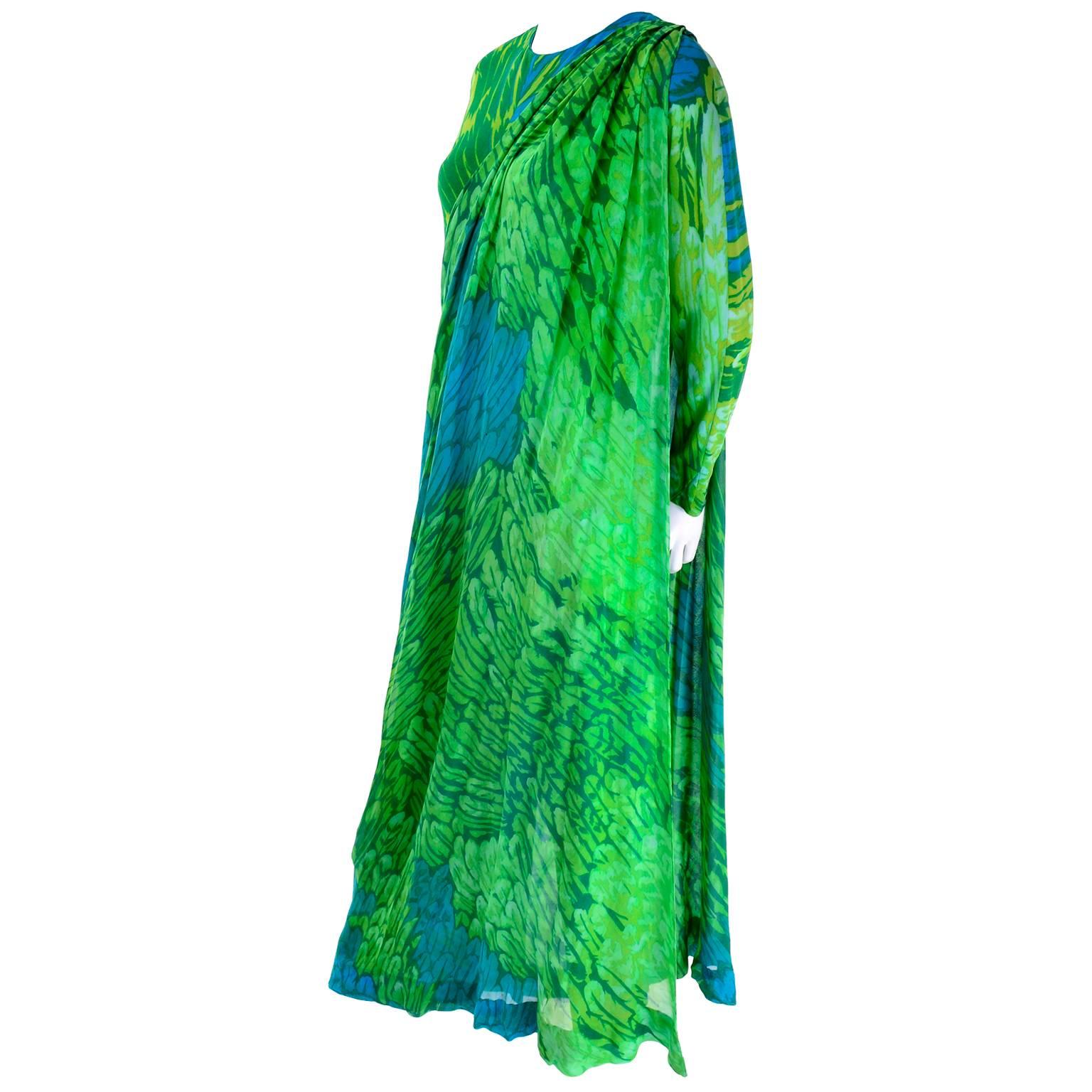 Women's 1970s Vintage Silk Jersey Blue & Green Print Jumpsuit w/ Matching Sarong