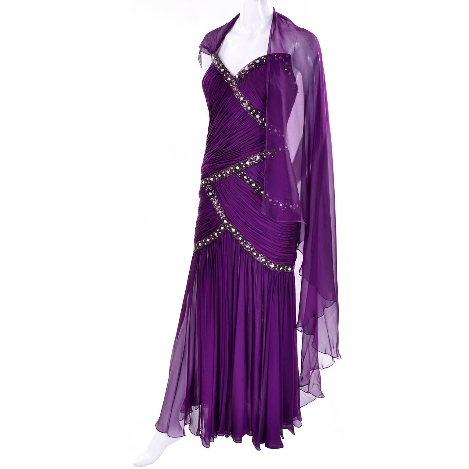 Michael Casey Vintage Purple Silk Beaded Chiffon Evening Gown Dress In New Condition In Portland, OR