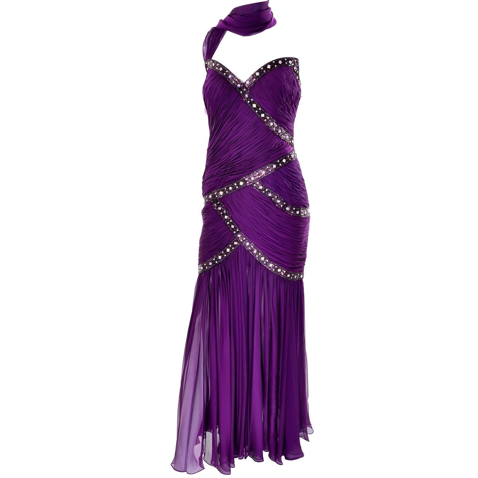 Women's Michael Casey Vintage Purple Silk Beaded Chiffon Evening Gown Dress