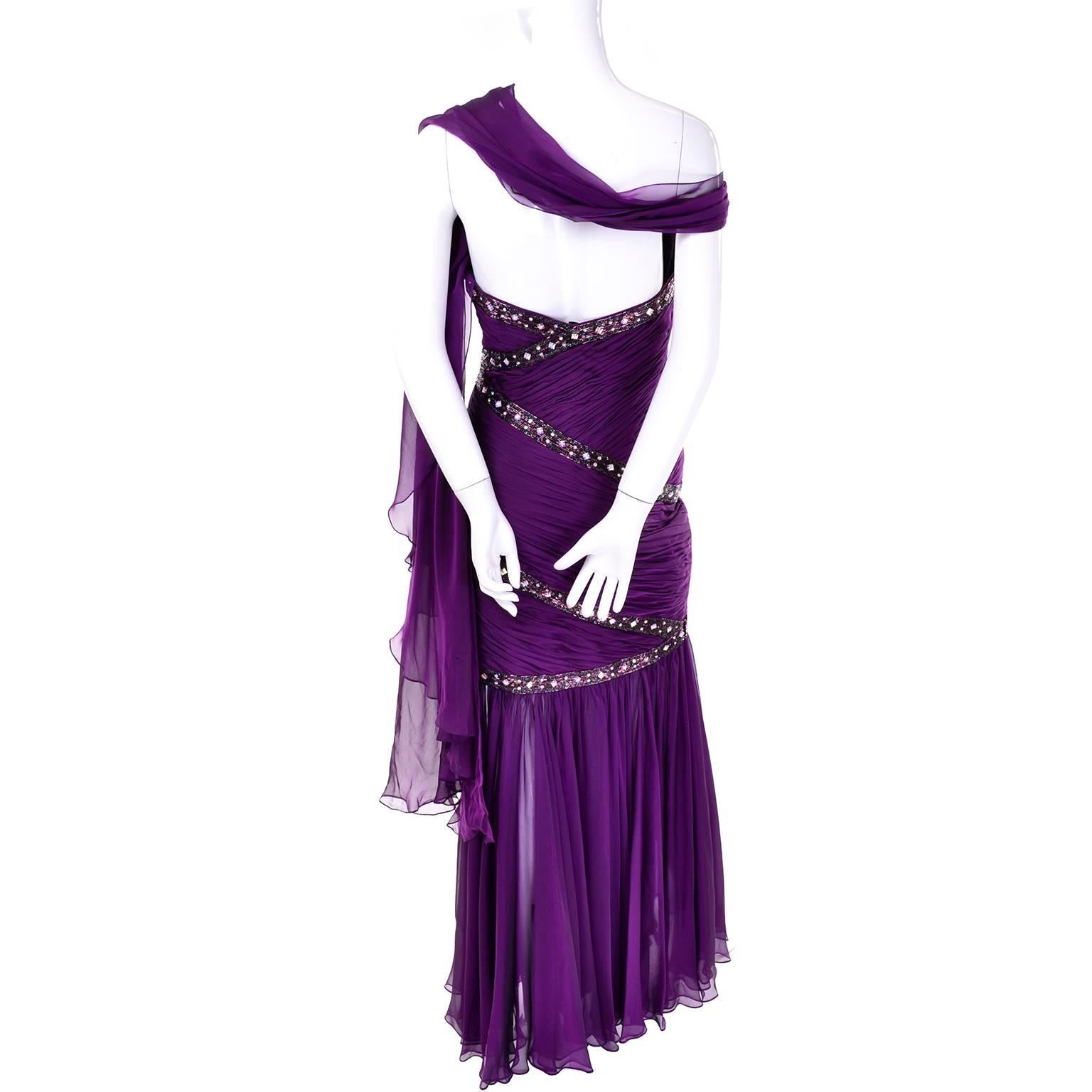 Michael Casey Vintage Purple Silk Beaded Chiffon Evening Gown Dress 4